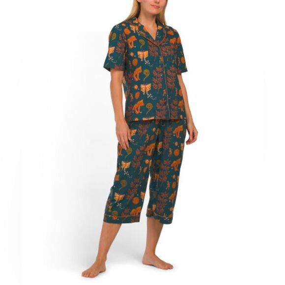 THEIR NIBS S-XL Dark Blue Orange Autumn Cotton Short Sleeve Crop Pants PJ Set - Picture 1 of 16